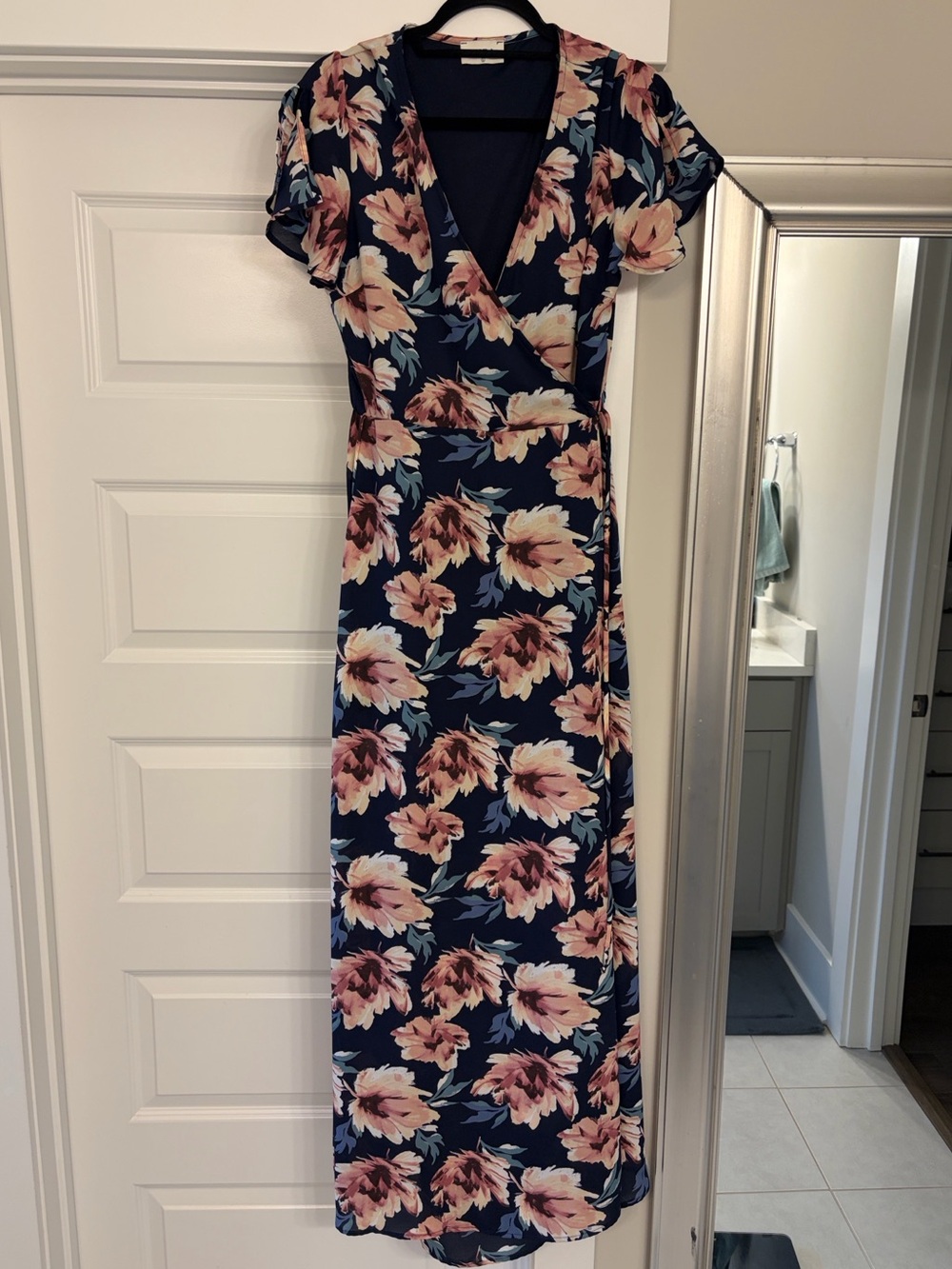 Aura floral Navy and Pink Wrap Maxi Wrap Dress